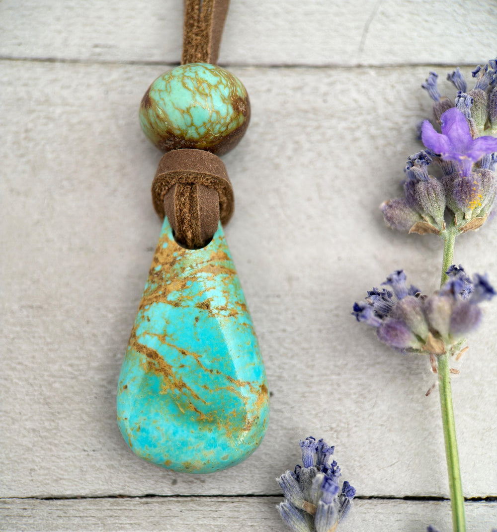 Kingman Turquoise Leather Necklace – Adjustable Brown Cord with Arizona Turquoise Pendant – Handmade in the USA - SunlightSilver
