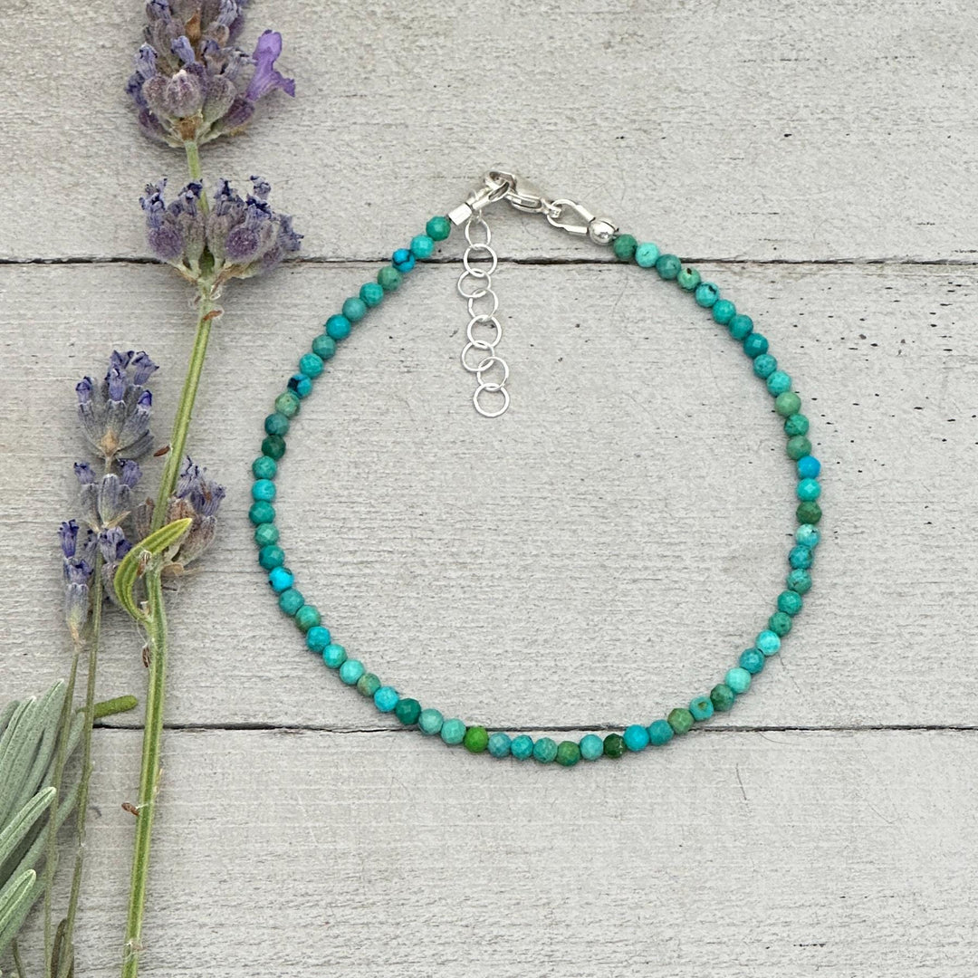 Turquoise Beaded Bracelet – 2mm Faceted Green-Blue Gemstones with Solid 925 Sterling Silver – Handmade in the USA - Adjustable - SunlightSilver