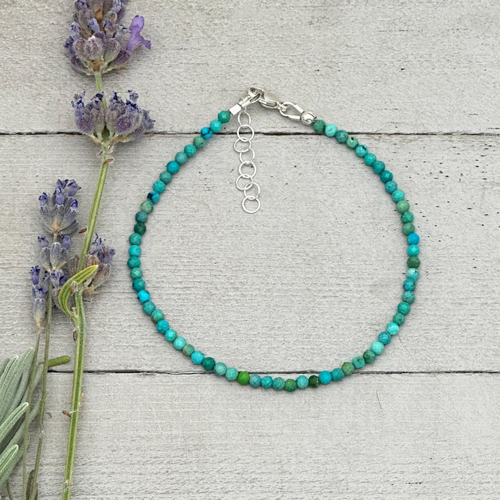 Turquoise Beaded Bracelet – 2mm Faceted Green-Blue Gemstones with Solid 925 Sterling Silver – Handmade in the USA - Adjustable - SunlightSilver