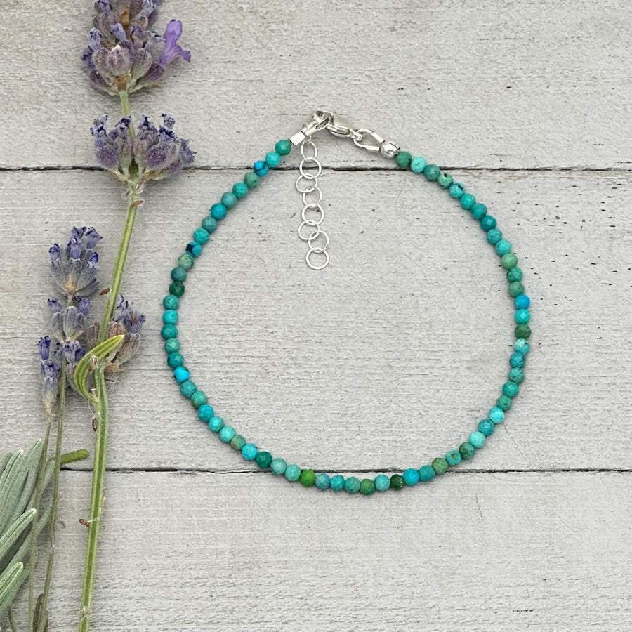 Turquoise Beaded Bracelet – 2mm Faceted Green-Blue Gemstones with Solid 925 Sterling Silver – Handmade in the USA - Adjustable - SunlightSilver