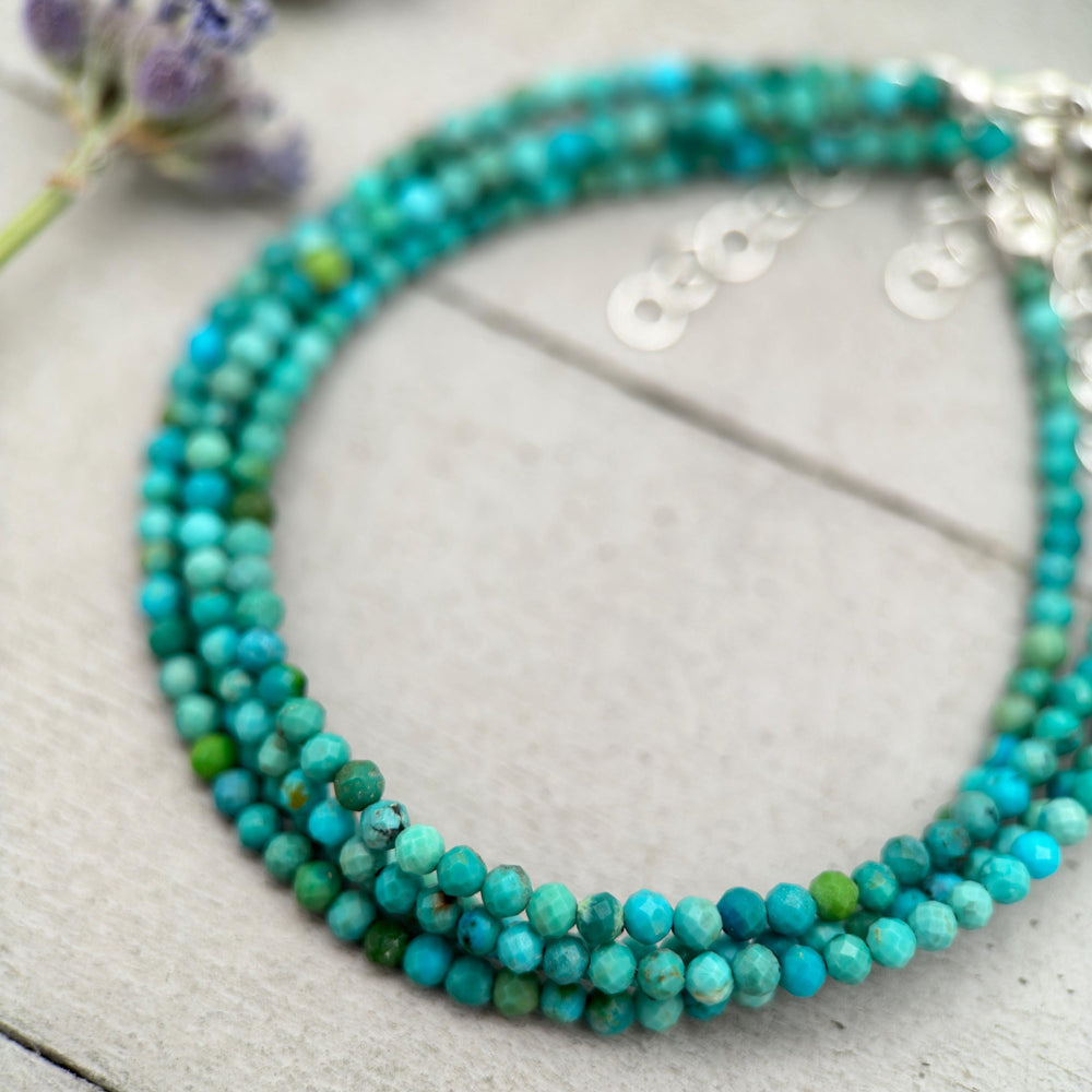 Turquoise Beaded Bracelet – 2mm Faceted Green-Blue Gemstones with Solid 925 Sterling Silver – Handmade in the USA - Adjustable - SunlightSilver
