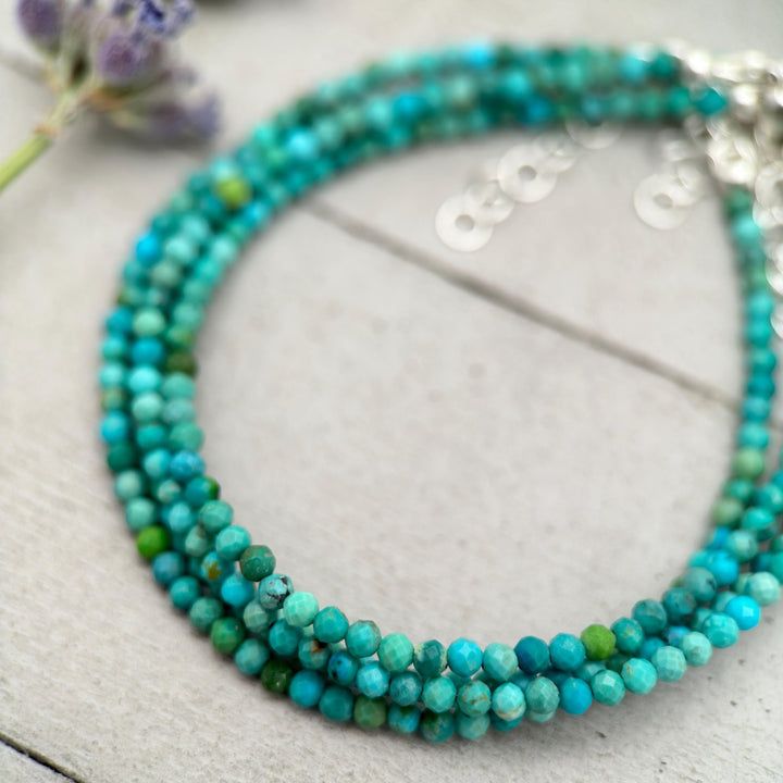 Turquoise Beaded Bracelet – 2mm Faceted Green-Blue Gemstones with Solid 925 Sterling Silver – Handmade in the USA - Adjustable - SunlightSilver