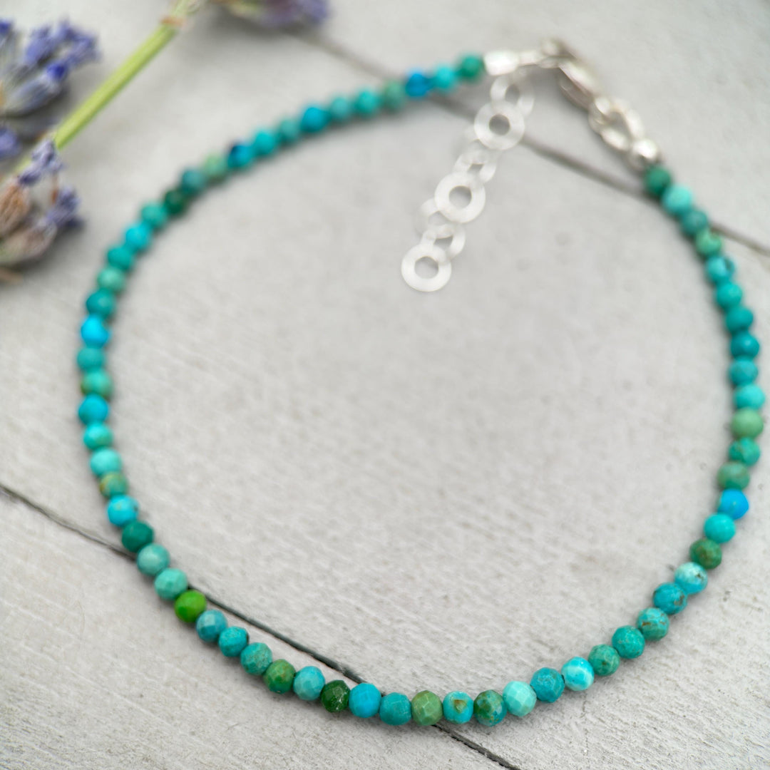 Turquoise Beaded Bracelet – 2mm Faceted Green-Blue Gemstones with Solid 925 Sterling Silver – Handmade in the USA - Adjustable - SunlightSilver