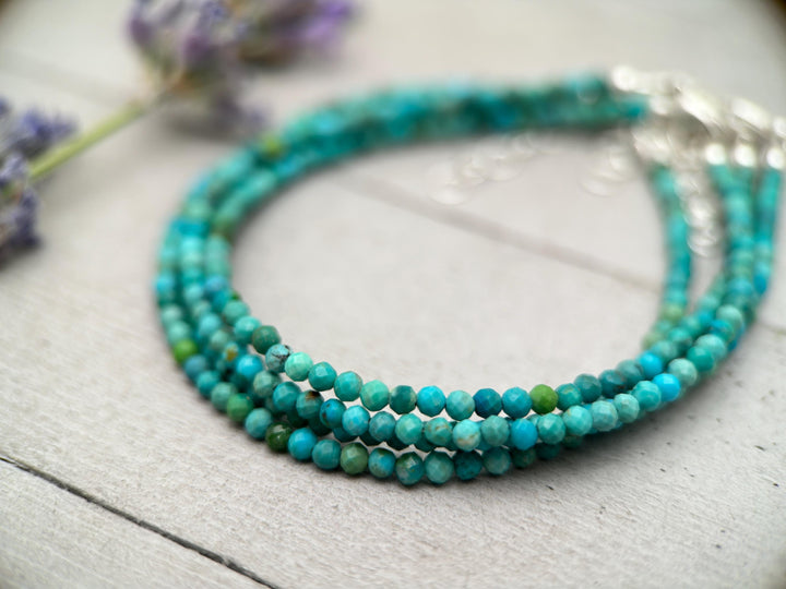 Turquoise Beaded Bracelet – 2mm Faceted Green-Blue Gemstones with Solid 925 Sterling Silver – Handmade in the USA - Adjustable - SunlightSilver