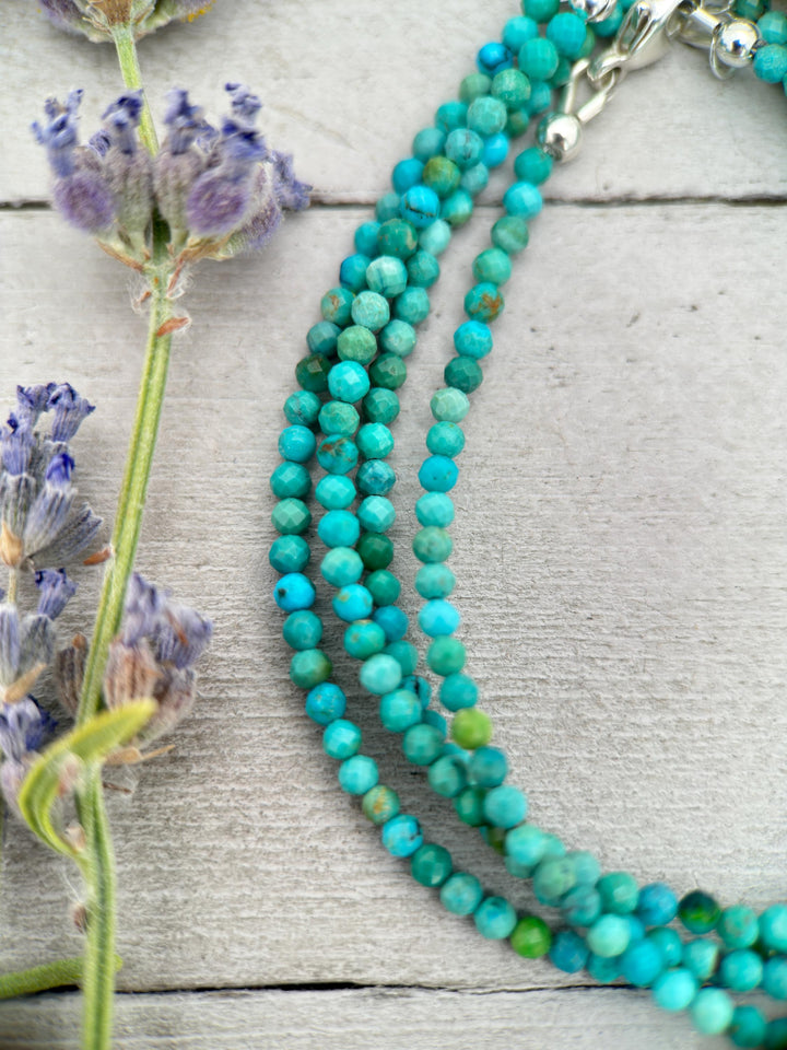 Turquoise Beaded Bracelet – 2mm Faceted Green-Blue Gemstones with Solid 925 Sterling Silver – Handmade in the USA - Adjustable - SunlightSilver