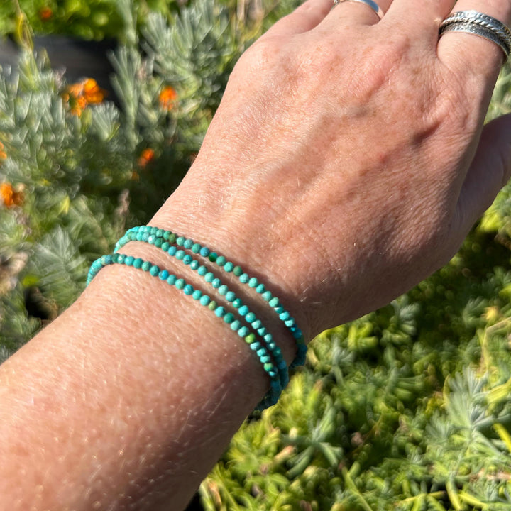 Turquoise Beaded Bracelet – 2mm Faceted Green-Blue Gemstones with Solid 925 Sterling Silver – Handmade in the USA - Adjustable - SunlightSilver