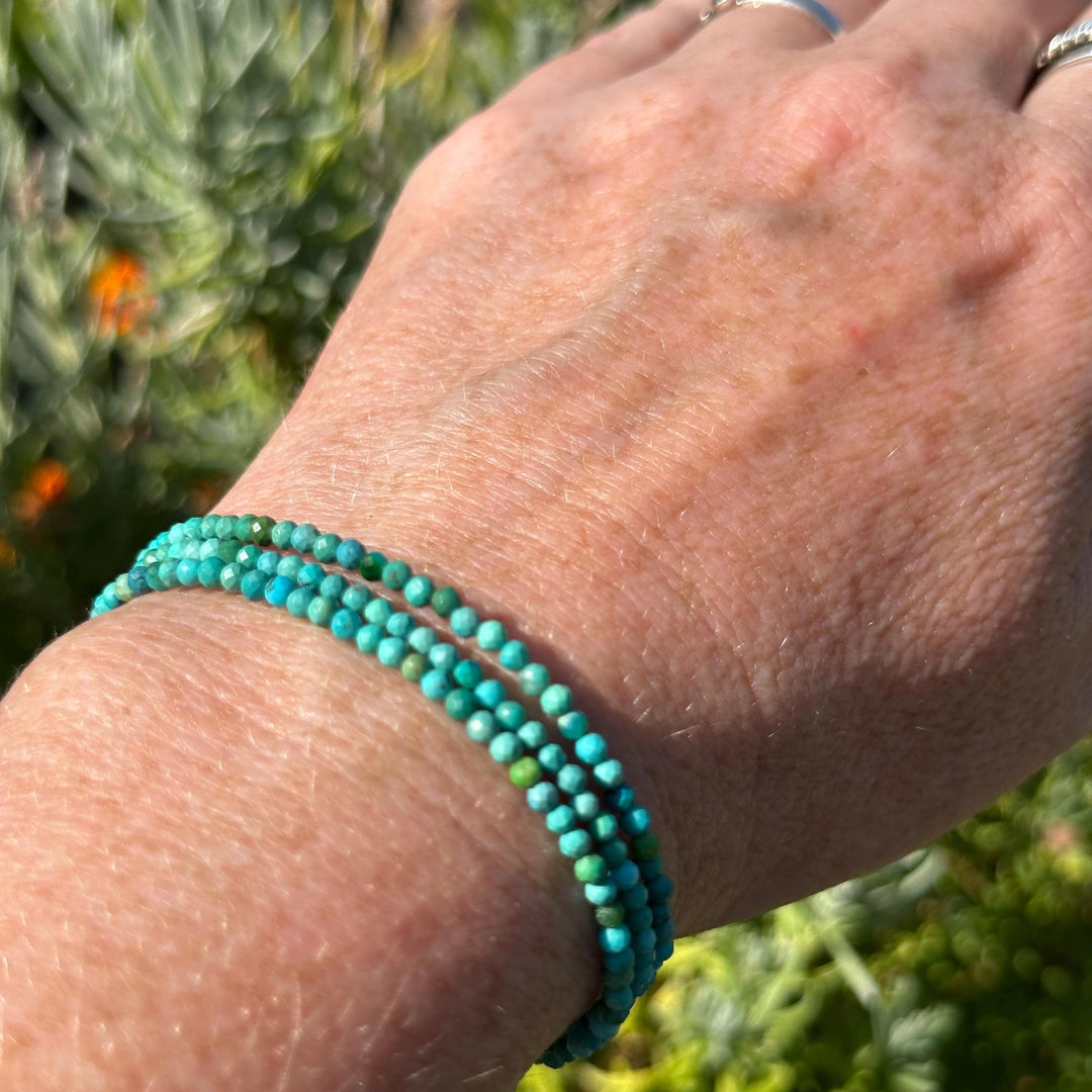 Turquoise Beaded Bracelet – 2mm Faceted Green-Blue Gemstones with Solid 925 Sterling Silver – Handmade in the USA - Adjustable - SunlightSilver