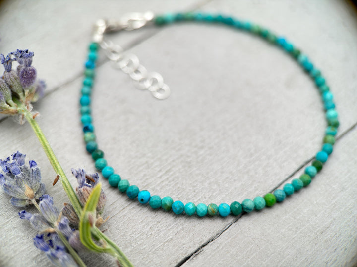 Turquoise Beaded Bracelet – 2mm Faceted Green-Blue Gemstones with Solid 925 Sterling Silver – Handmade in the USA - Adjustable - SunlightSilver