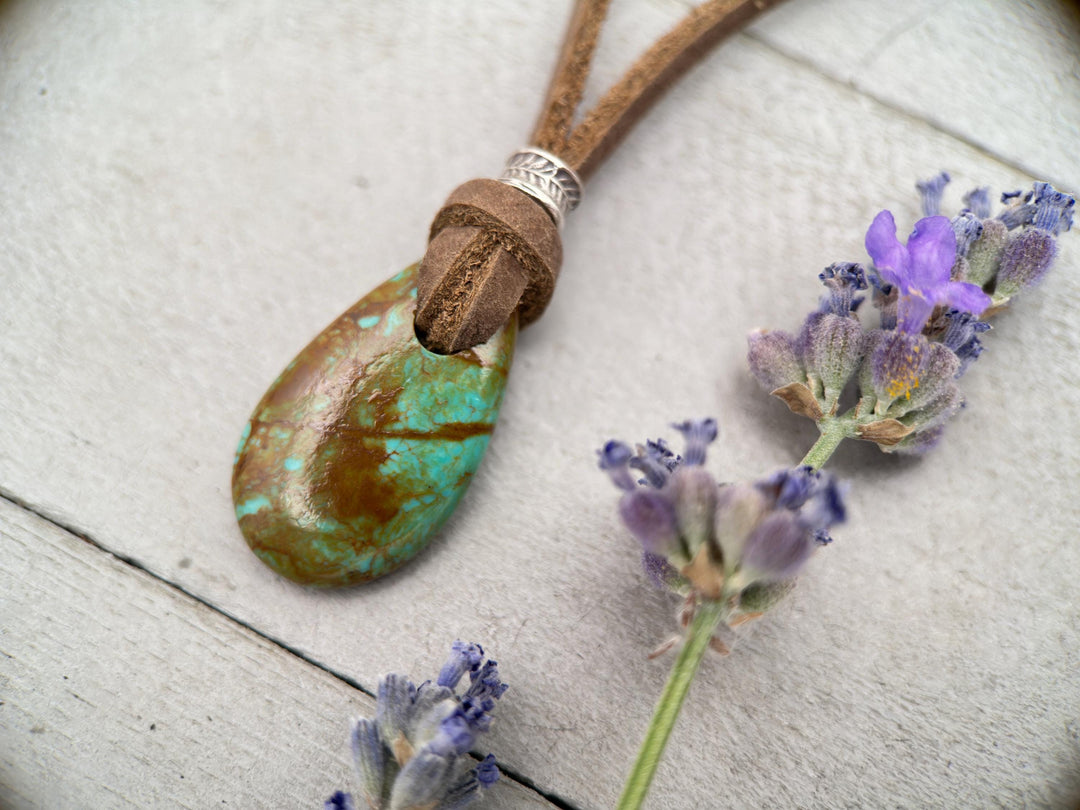 Kingman Turquoise Leather Necklace – Green Turquoise Pendant with Hill Tribe Silver – Adjustable & Handmade in the USA - SunlightSilver