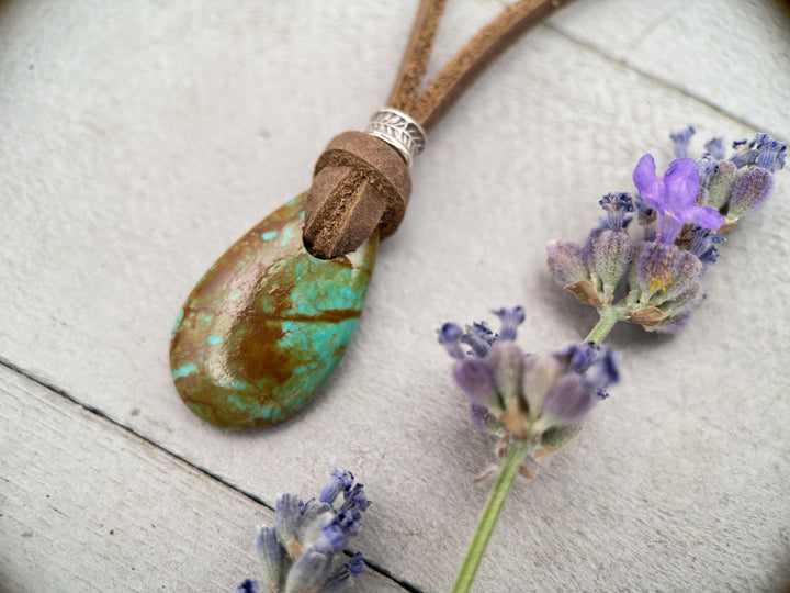 Kingman Turquoise Leather Necklace – Green Turquoise Pendant with Hill Tribe Silver – Adjustable & Handmade in the USA - SunlightSilver