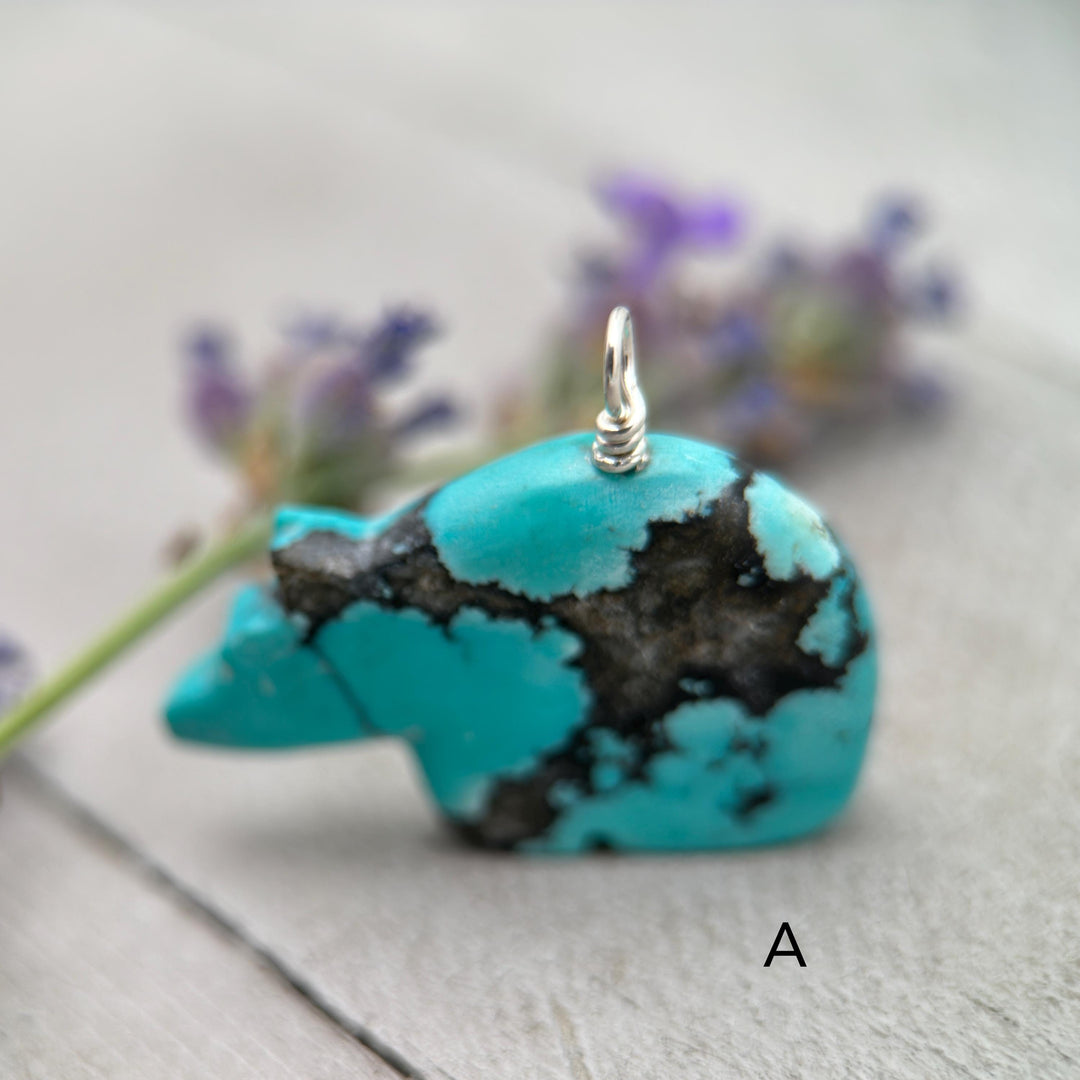 Carved Turquoise Bear Pendant - Solid Sterling Silver Necklace - Vintage Zuni 3D Carving Fetish - Southwest Boho Unique - Choose Your Bear - SunlightSilver
