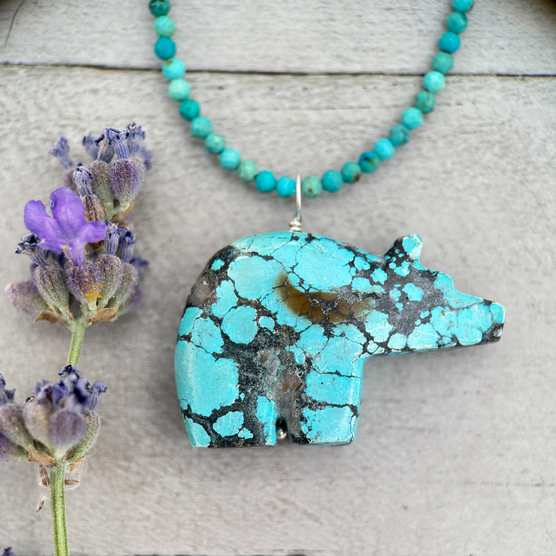 Carved Turquoise Bear Pendant - Solid Sterling Silver Necklace - Vintage Zuni 3D Carving Fetish - Southwest Boho Unique - Choose Your Bear - SunlightSilver