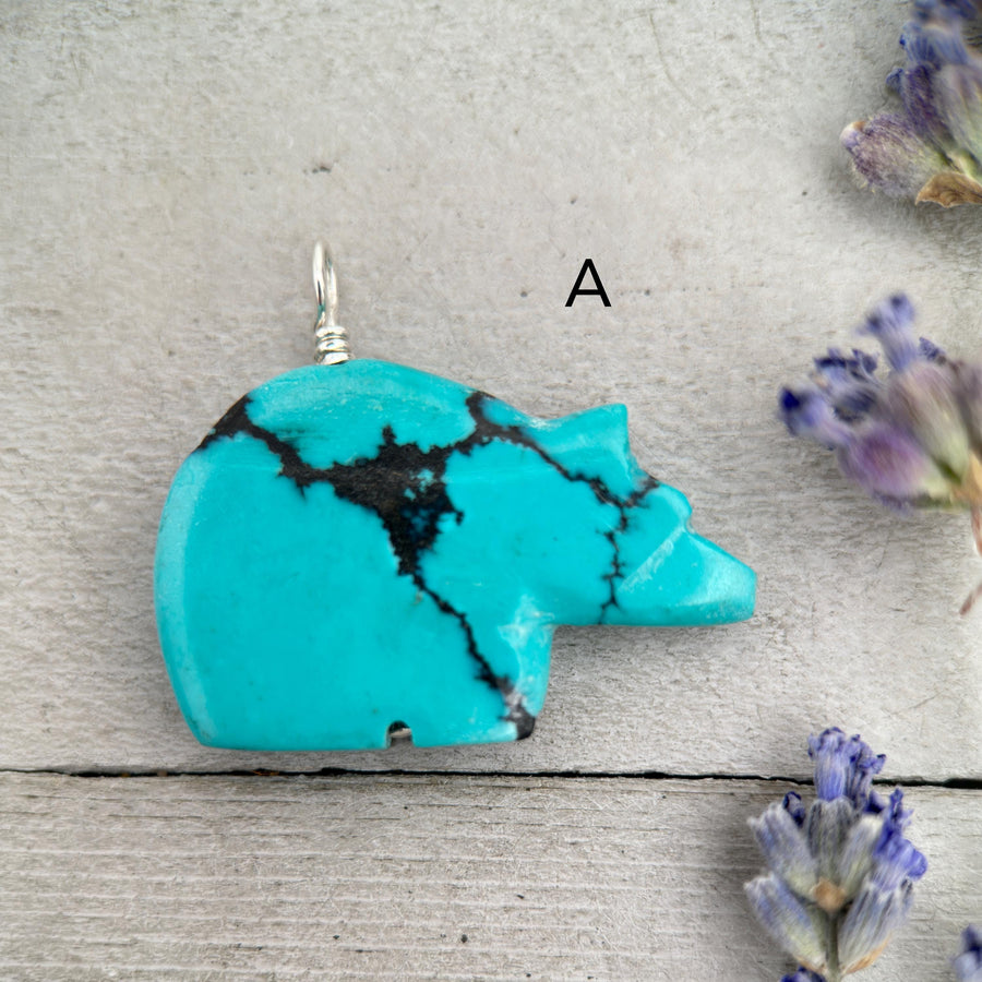 Carved Turquoise Bear Pendant - Solid Sterling Silver Necklace - Vintage Zuni 3D Carving Fetish - Southwest Boho Unique - Choose Your Bear - SunlightSilver