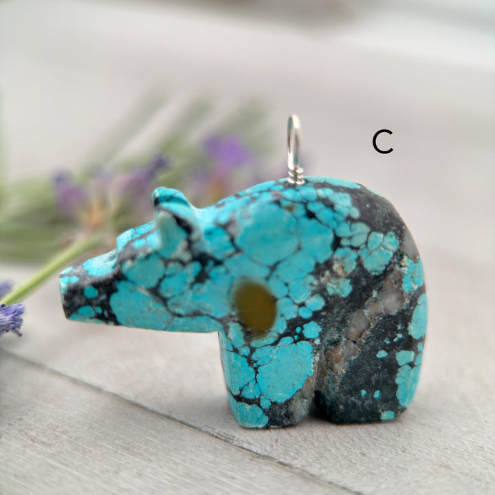 Carved Turquoise Bear Pendant - Solid Sterling Silver Necklace - Vintage Zuni 3D Carving Fetish - Southwest Boho Unique - Choose Your Bear - SunlightSilver