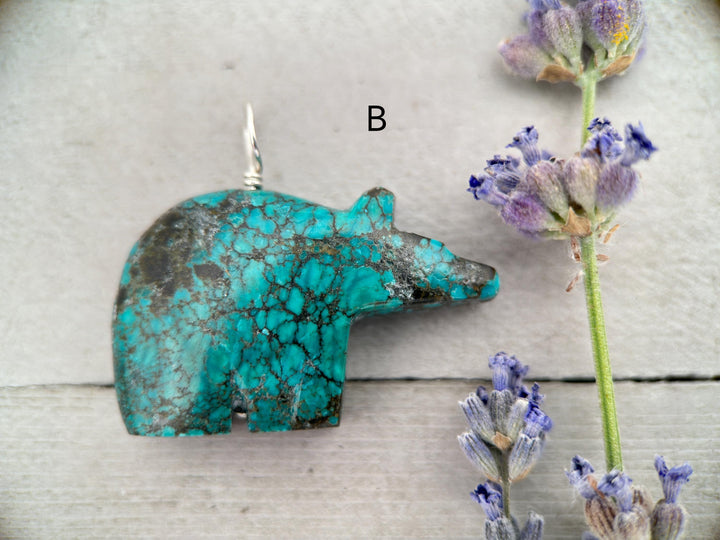 Carved Turquoise Bear Pendant - Solid Sterling Silver Necklace - Vintage Zuni 3D Carving Fetish - Southwest Boho Unique - Choose Your Bear - SunlightSilver