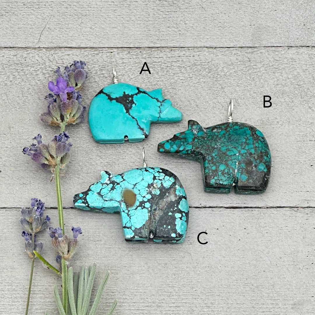 Carved Turquoise Bear Pendant - Solid Sterling Silver Necklace - Vintage Zuni 3D Carving Fetish - Southwest Boho Unique - Choose Your Bear - SunlightSilver