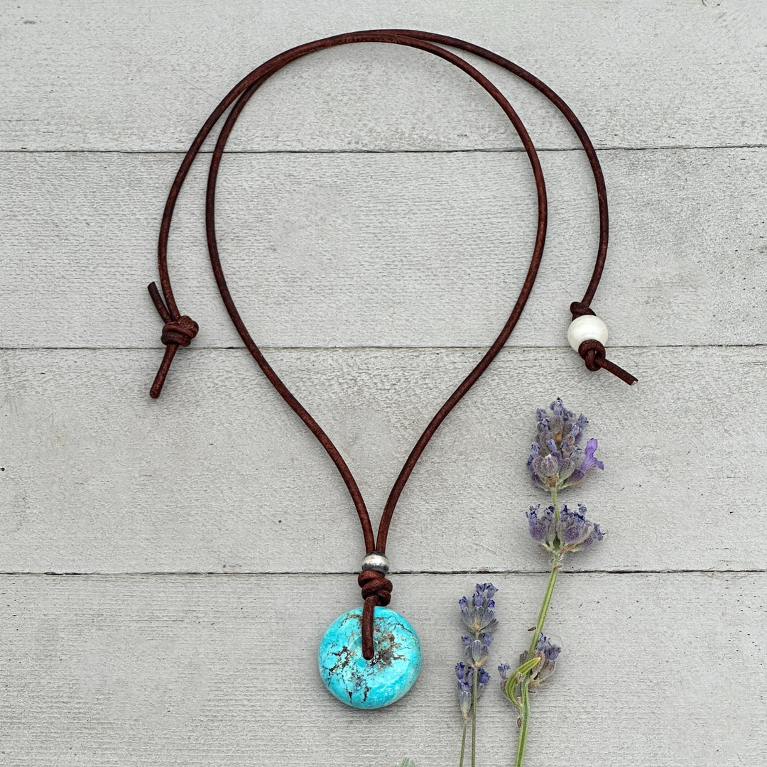 Natural Blue Turquoise Donut Necklace on Rustic Leather – December Birthstone - Handmade in the USA - SunlightSilver