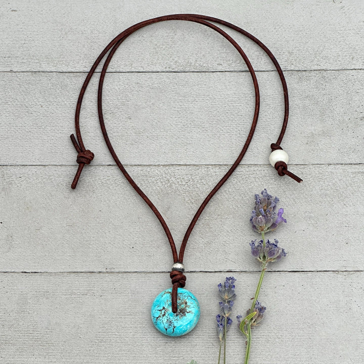 Natural Blue Turquoise Donut Necklace on Rustic Leather – December Birthstone - Handmade in the USA - SunlightSilver