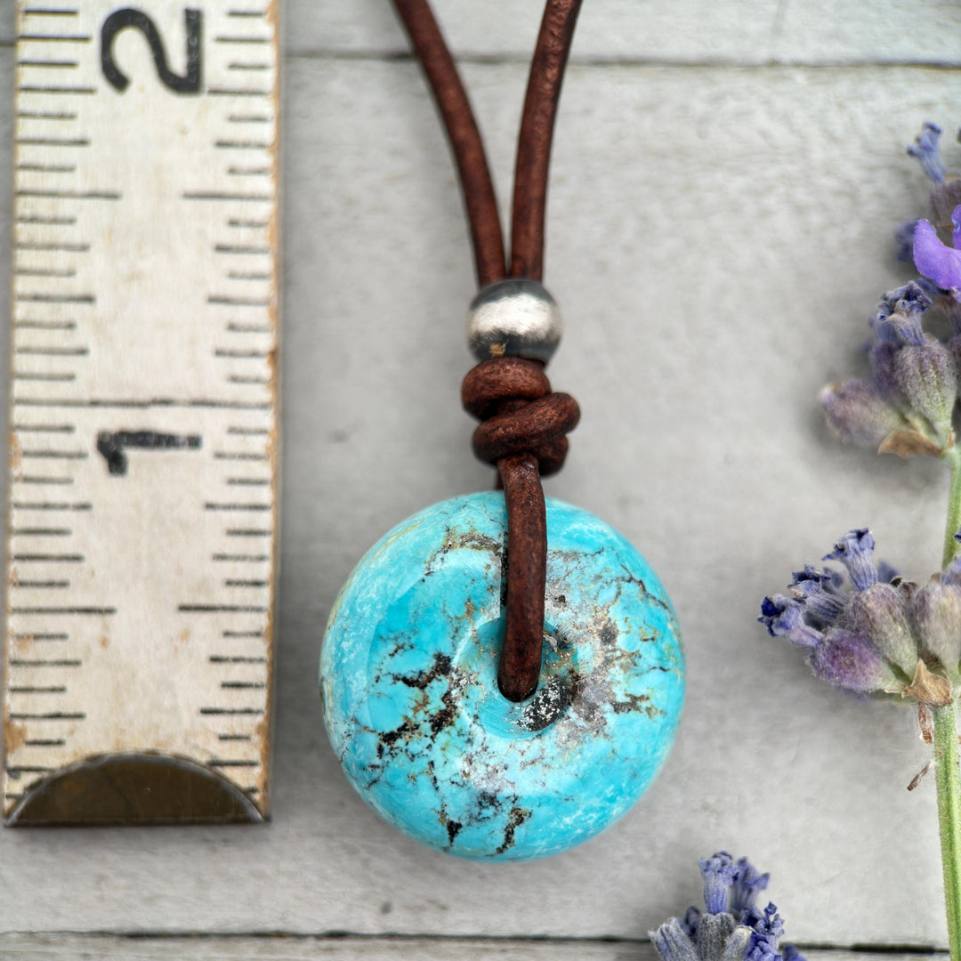 Natural Blue Turquoise Donut Necklace on Rustic Leather – December Birthstone - Handmade in the USA - SunlightSilver