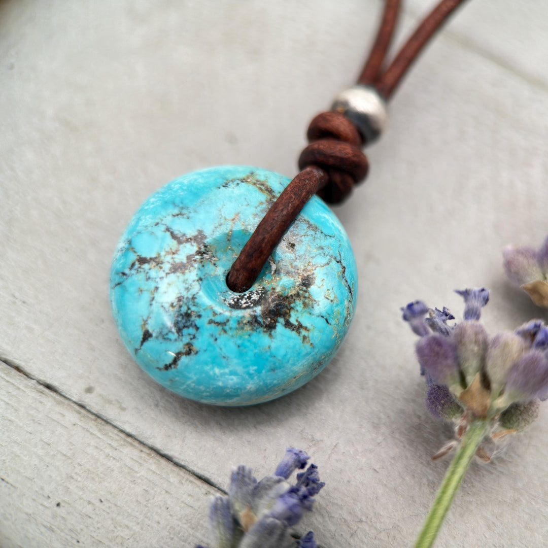 Natural Blue Turquoise Donut Necklace on Rustic Leather – December Birthstone - Handmade in the USA - SunlightSilver