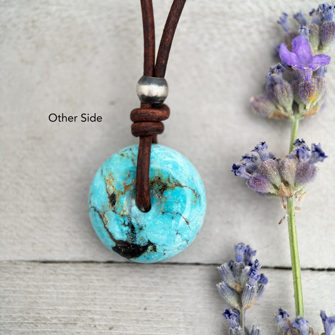 Natural Blue Turquoise Donut Necklace on Rustic Leather – December Birthstone - Handmade in the USA - SunlightSilver