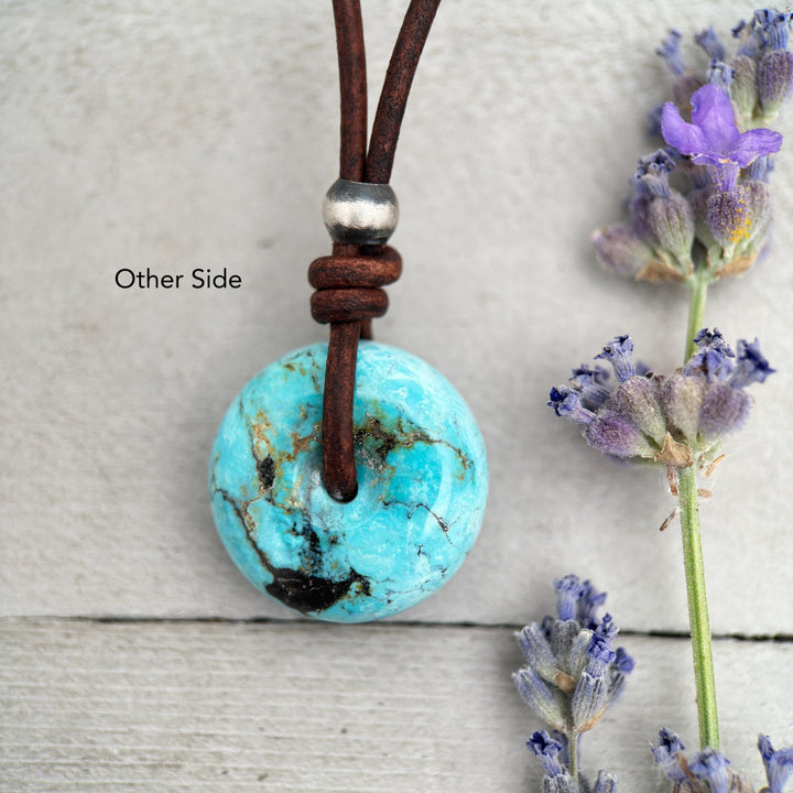 Natural Blue Turquoise Donut Necklace on Rustic Leather – December Birthstone - Handmade in the USA - SunlightSilver
