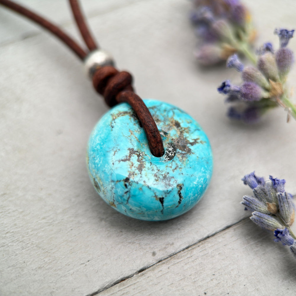 Natural Blue Turquoise Donut Necklace on Rustic Leather – December Birthstone - Handmade in the USA - SunlightSilver