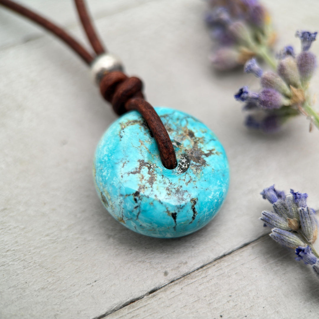 Natural Blue Turquoise Donut Necklace on Rustic Leather – December Birthstone - Handmade in the USA - SunlightSilver