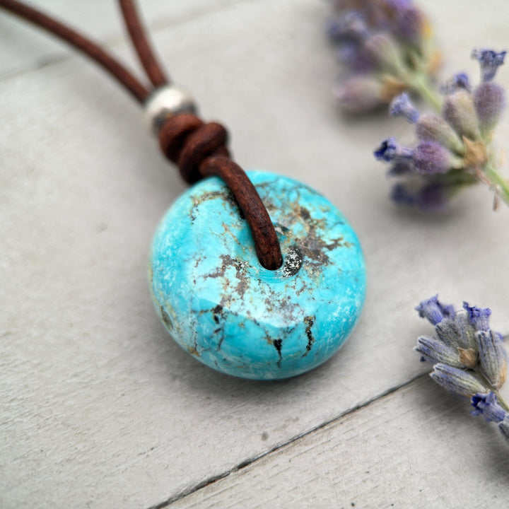 Natural Blue Turquoise Donut Necklace on Rustic Leather – December Birthstone - Handmade in the USA - SunlightSilver
