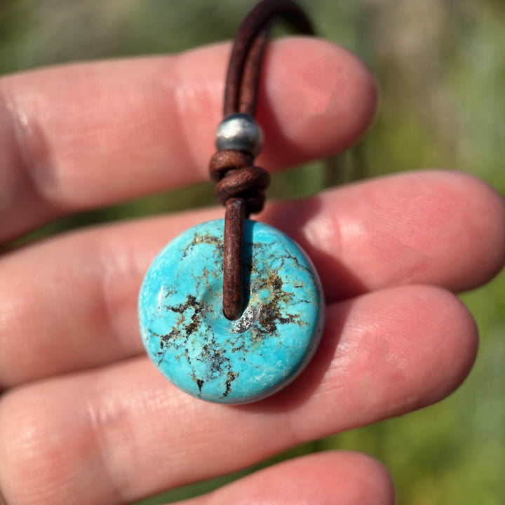 Natural Blue Turquoise Donut Necklace on Rustic Leather – December Birthstone - Handmade in the USA - SunlightSilver