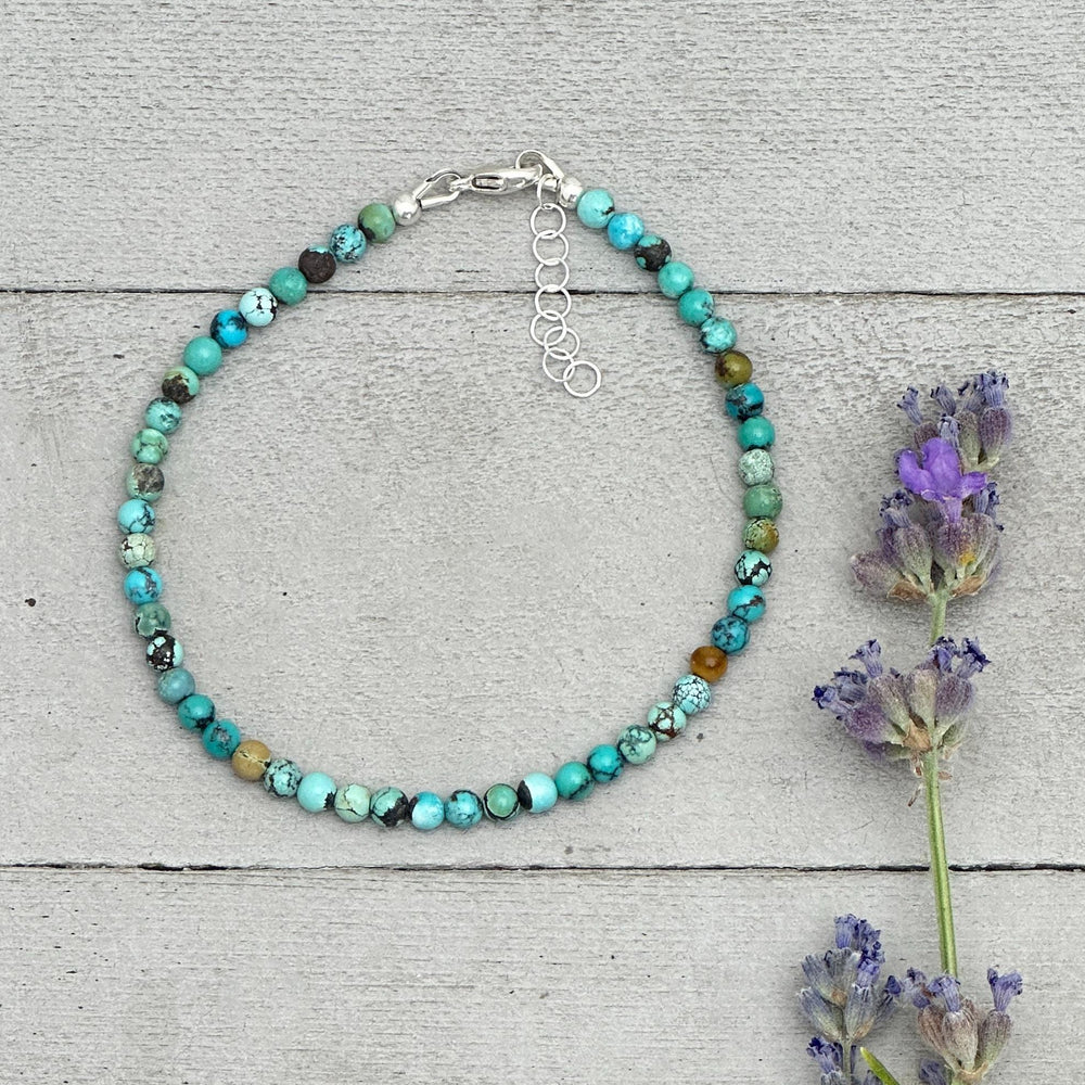 Turquoise Beaded Bracelet – 3mm Colorful Green-Blue Gemstones with Solid 925 Sterling Silver – Handmade in the USA - Adjustable - SunlightSilver