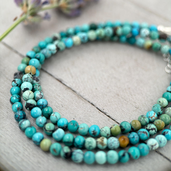 Turquoise Beaded Bracelet – 3mm Colorful Green-Blue Gemstones with Solid 925 Sterling Silver – Handmade in the USA - Adjustable - SunlightSilver