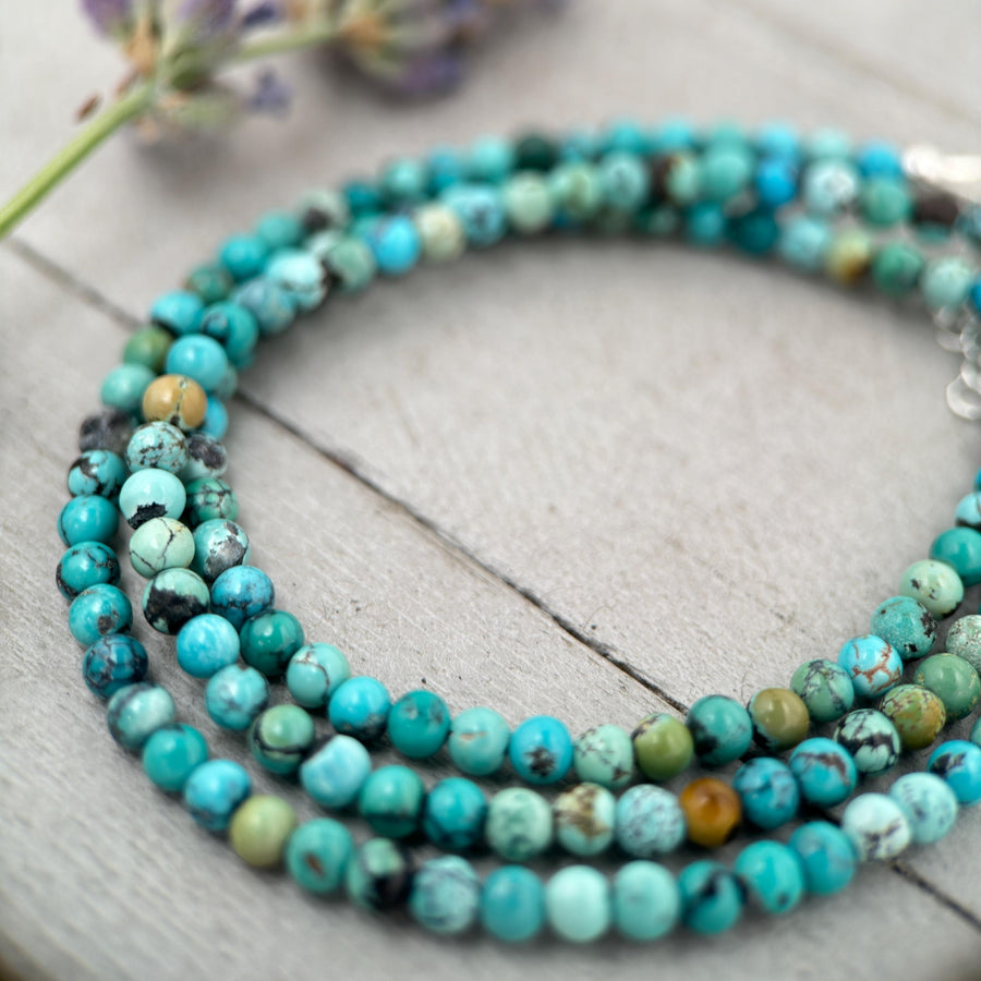 Turquoise Beaded Bracelet – 3mm Colorful Green-Blue Gemstones with Solid 925 Sterling Silver – Handmade in the USA - Adjustable - SunlightSilver