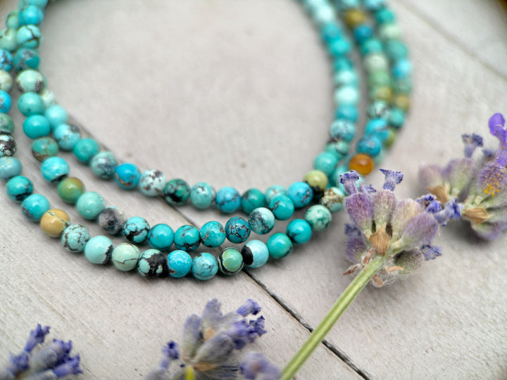 Turquoise Beaded Bracelet – 3mm Colorful Green-Blue Gemstones with Solid 925 Sterling Silver – Handmade in the USA - Adjustable - SunlightSilver