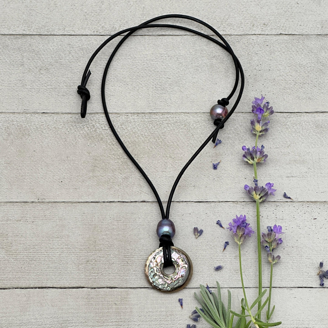 Beautiful Paua Abalone Shell, Pearl, Sterling Silver and Leather Necklace - SunlightSilver