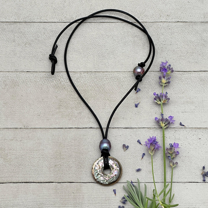 Beautiful Paua Abalone Shell, Pearl, Sterling Silver and Leather Necklace - SunlightSilver