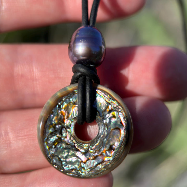 Beautiful Paua Abalone Shell, Pearl, Sterling Silver and Leather Necklace - SunlightSilver