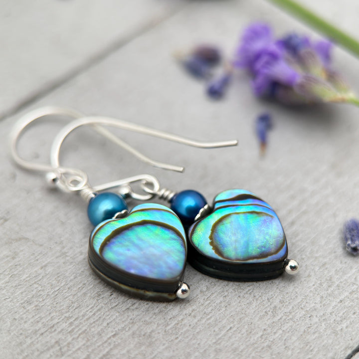Paua Abalone Shell Heart Earrings – Sterling Silver Ocean Jewelry – Rainbow Shell Freshwater Pearls – Boho Beach Gift for Her – Handmade - SunlightSilver