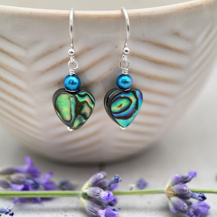 Paua Abalone Shell Heart Earrings – Sterling Silver Ocean Jewelry – Rainbow Shell Freshwater Pearls – Boho Beach Gift for Her – Handmade - SunlightSilver