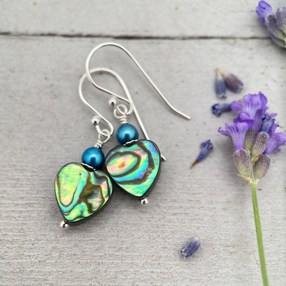 Paua Abalone Shell Heart Earrings – Sterling Silver Ocean Jewelry – Rainbow Shell Freshwater Pearls – Boho Beach Gift for Her – Handmade - SunlightSilver