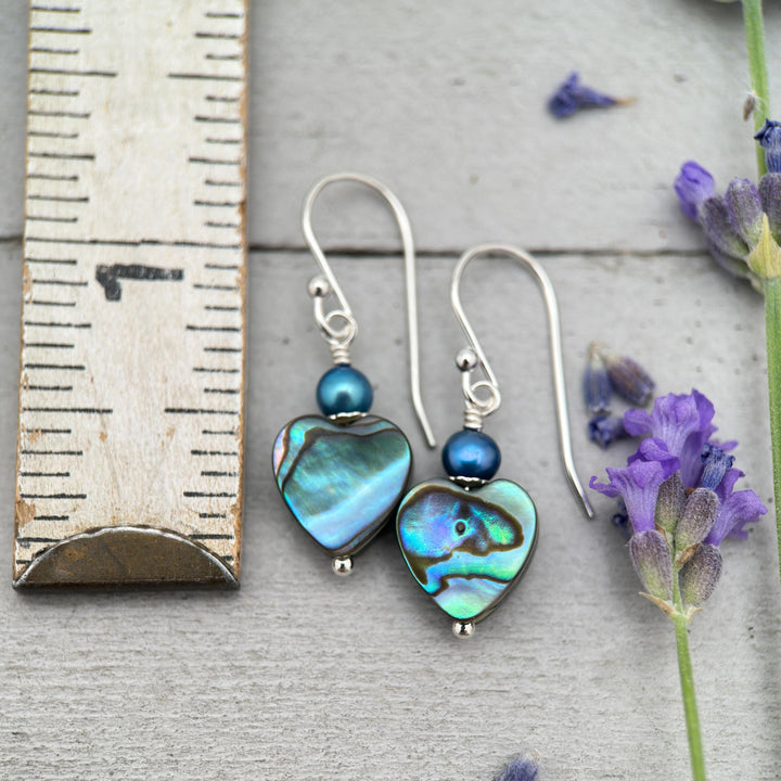 Paua Abalone Shell Heart Earrings – Sterling Silver Ocean Jewelry – Rainbow Shell Freshwater Pearls – Boho Beach Gift for Her – Handmade - SunlightSilver