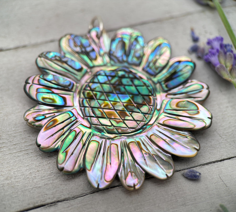 Peacock Abalone Paua Shell Flower Pendant Necklace – Solid 925 Sterling Silver – Large 2 Inch - Rainbow Colorful Carved Daisy - Coastal Boho - SunlightSilver