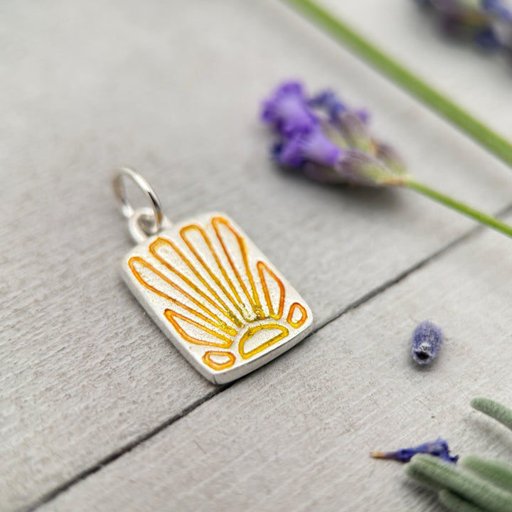 Fine Silver Sunrise Sunset Pendant – Small Sun Necklace – Summer Ombre Yellow Orange Stamped Design – Handmade Jewelry – Gift for Her - - SunlightSilver