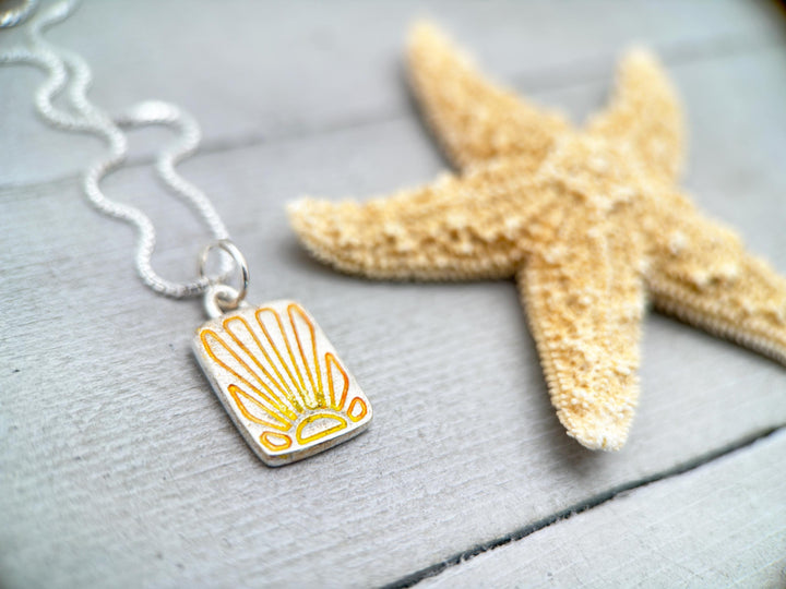 Fine Silver Sunrise Sunset Pendant – Small Sun Necklace – Summer Ombre Yellow Orange Stamped Design – Handmade Jewelry – Gift for Her - - SunlightSilver