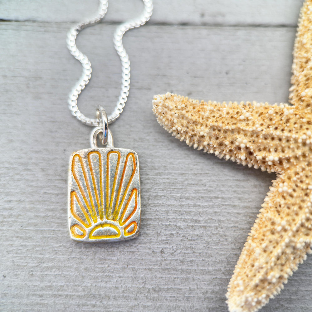 Fine Silver Sunrise Sunset Pendant – Small Sun Necklace – Summer Ombre Yellow Orange Stamped Design – Handmade Jewelry – Gift for Her - - SunlightSilver