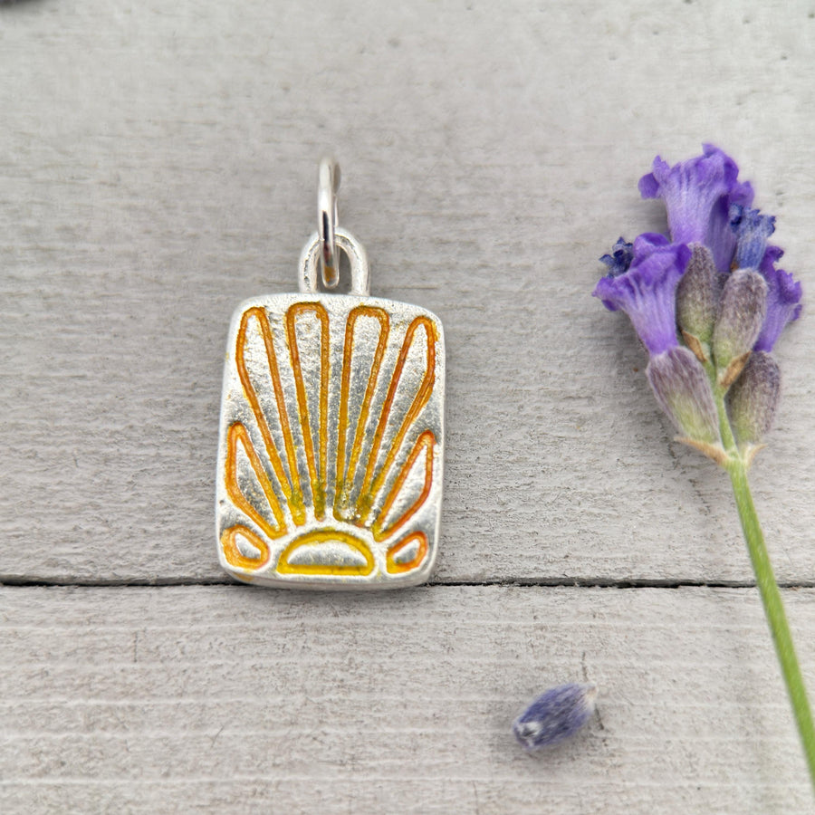 Fine Silver Sunrise Sunset Pendant – Small Sun Necklace – Summer Ombre Yellow Orange Stamped Design – Handmade Jewelry – Gift for Her - - SunlightSilver