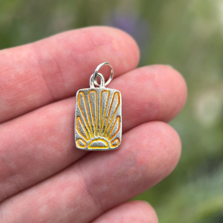 Fine Silver Sunrise Sunset Pendant – Small Sun Necklace – Summer Ombre Yellow Orange Stamped Design – Handmade Jewelry – Gift for Her - - SunlightSilver