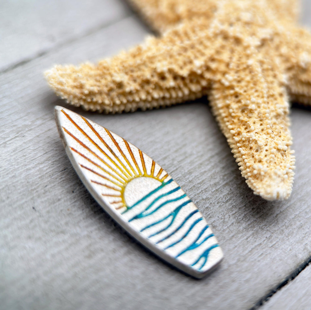 Fine Silver Surfboard Pendant – Sunrise Sunset Ocean Necklace – Ombre Blue & Yellow – Beach Jewelry – Handmade Gift for Ocean Lovers Surfers - SunlightSilver