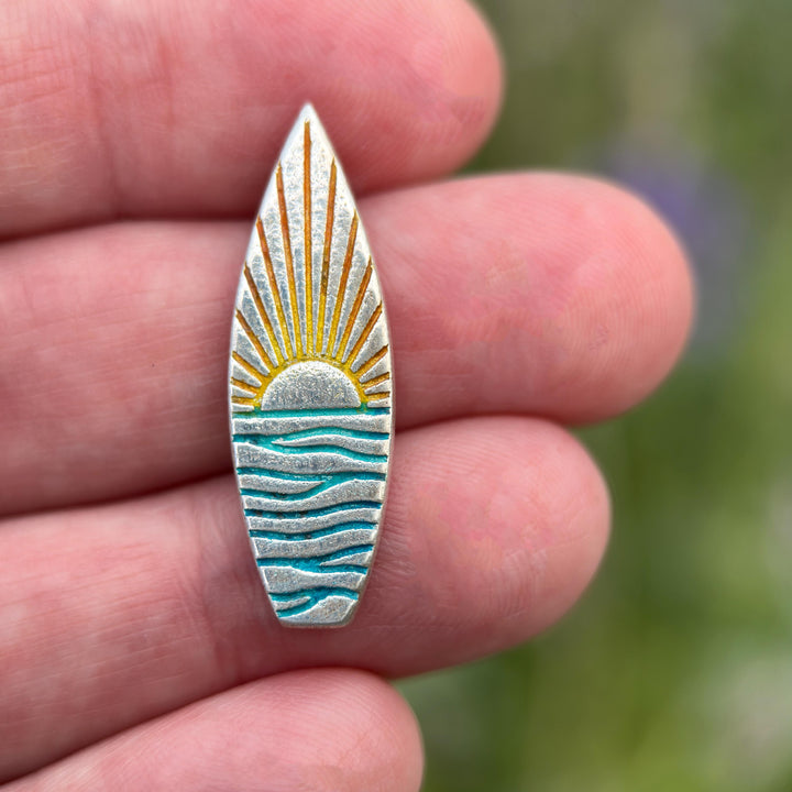 Fine Silver Surfboard Pendant – Sunrise Sunset Ocean Necklace – Ombre Blue & Yellow – Beach Jewelry – Handmade Gift for Ocean Lovers Surfers - SunlightSilver