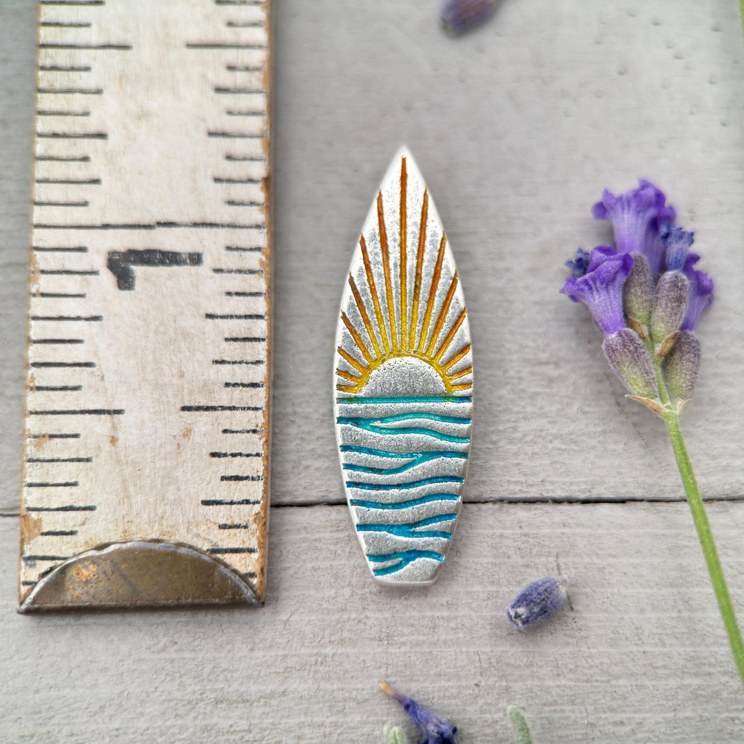 Fine Silver Surfboard Pendant – Sunrise Sunset Ocean Necklace – Ombre Blue & Yellow – Beach Jewelry – Handmade Gift for Ocean Lovers Surfers - SunlightSilver